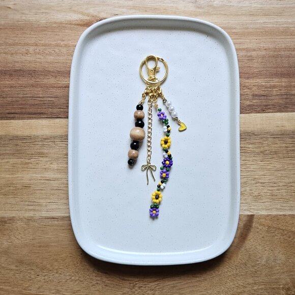 Floral Beaded Charm Keychain | Handmade Keyring with Wood Beads, Pearls, Bees - Picture 2 of 7